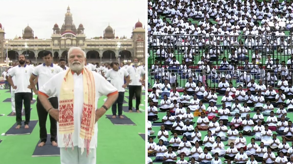 योग दिवस पर पीएम मोदी ने मैसूर पैलेस ग्राउंड में योग किया