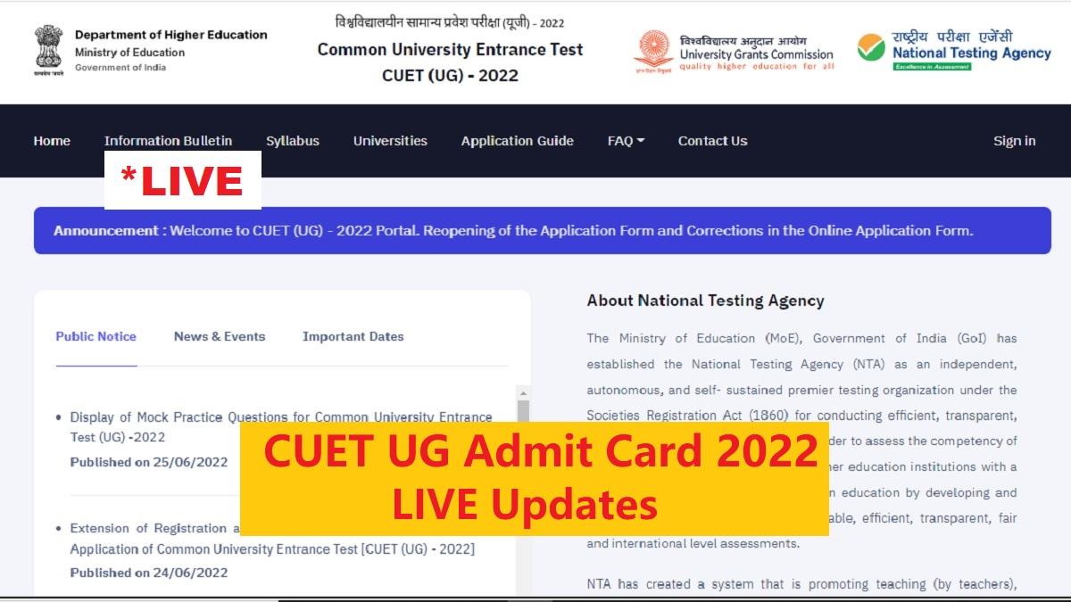 CUET UG Admit Card 2022 cuet.samarth.ac.in LIVE Updates सीयूईटी एडमिट