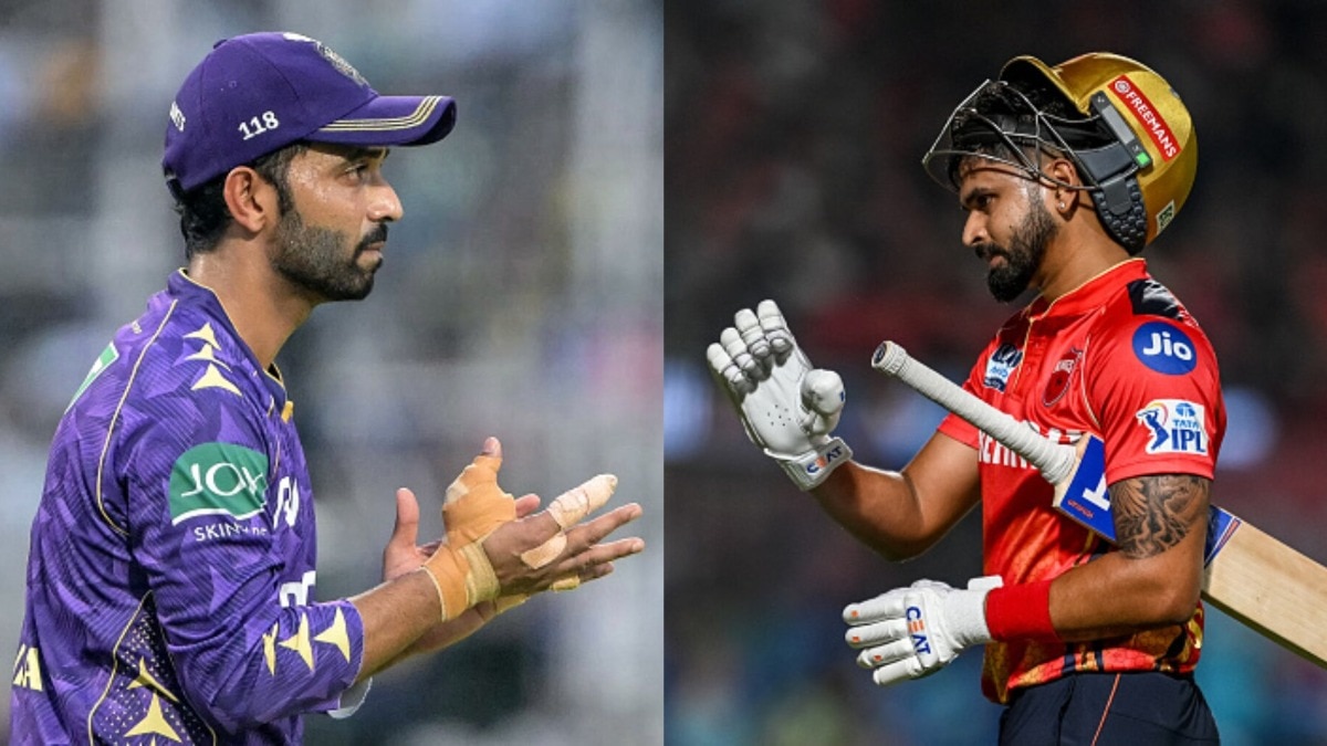 KKR captain Ajinkya Rahane (L) and PBKS skipper Shreyas Iyer in frame