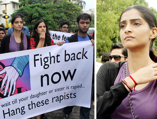 मुंबई गैंगरेप के विरोध में मुंबई की सड़क पर उतरी सोनम कपूर