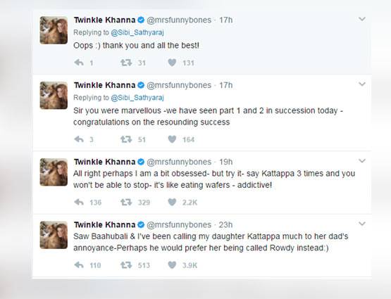 ट्विंकल खन्ना को 'कटप्पा' से हुआ प्यार, ट्विटर पर किया इजहार