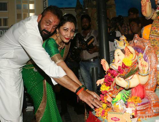 फिल्म के लिए बप्पा की शरण में आए संजय दत्त, हरे रंग की साड़ी में छाईं मान्यता