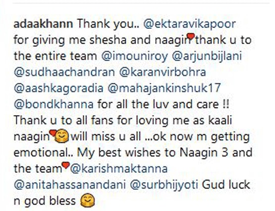 नागिन 3 में नहीं दिखेंगी अदा खान, शेयर किया इमोशनल पोस्ट