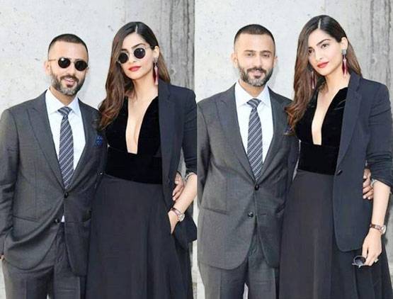 Armani के फैशन शो में पति आनंद संग सोनम का डैशिंग लुक