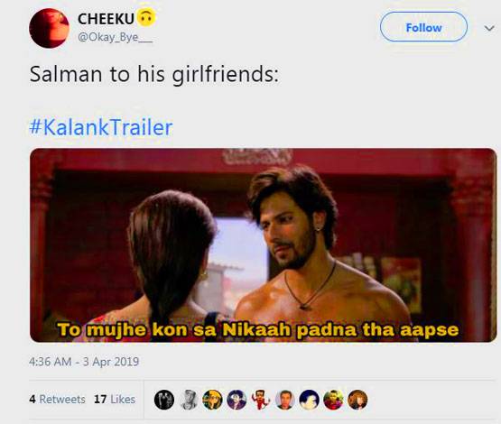 कलंक का ट्रेलर रिलीज, सोशल मीडिया पर लोगों ने बनाए FUNNY मीम्स