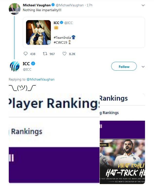 कोहली को किंग बताने पर वॉन ने उठाए सवाल, ICC ने की बोलती बंद