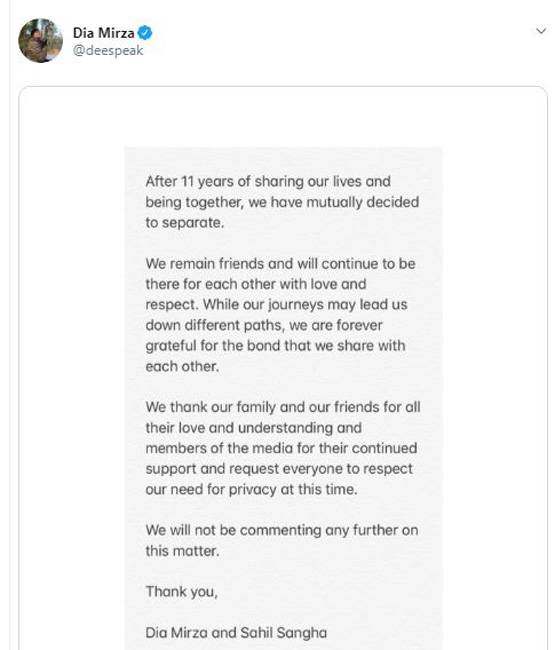 11 साल बाद पति से अचानक अलग हो रही हैं दीया मिर्जा, फैसले पर हैरानी!
