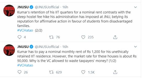 90,000 किराए की जगह JNU VC देते हैं सिर्फ 1200, छात्रसंघ के आरोप