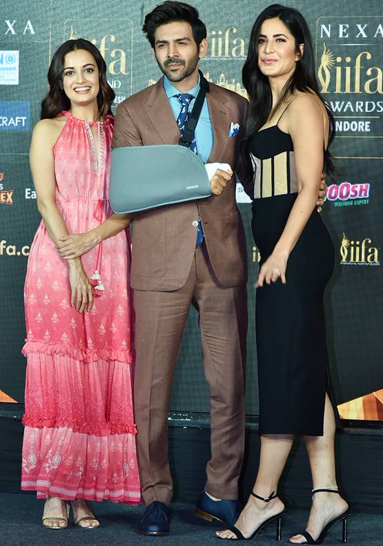 टूटे हाथ के बावजूद कार्त‍िक ने छुए कटरीना के पैर, तस्वीरें वायरल