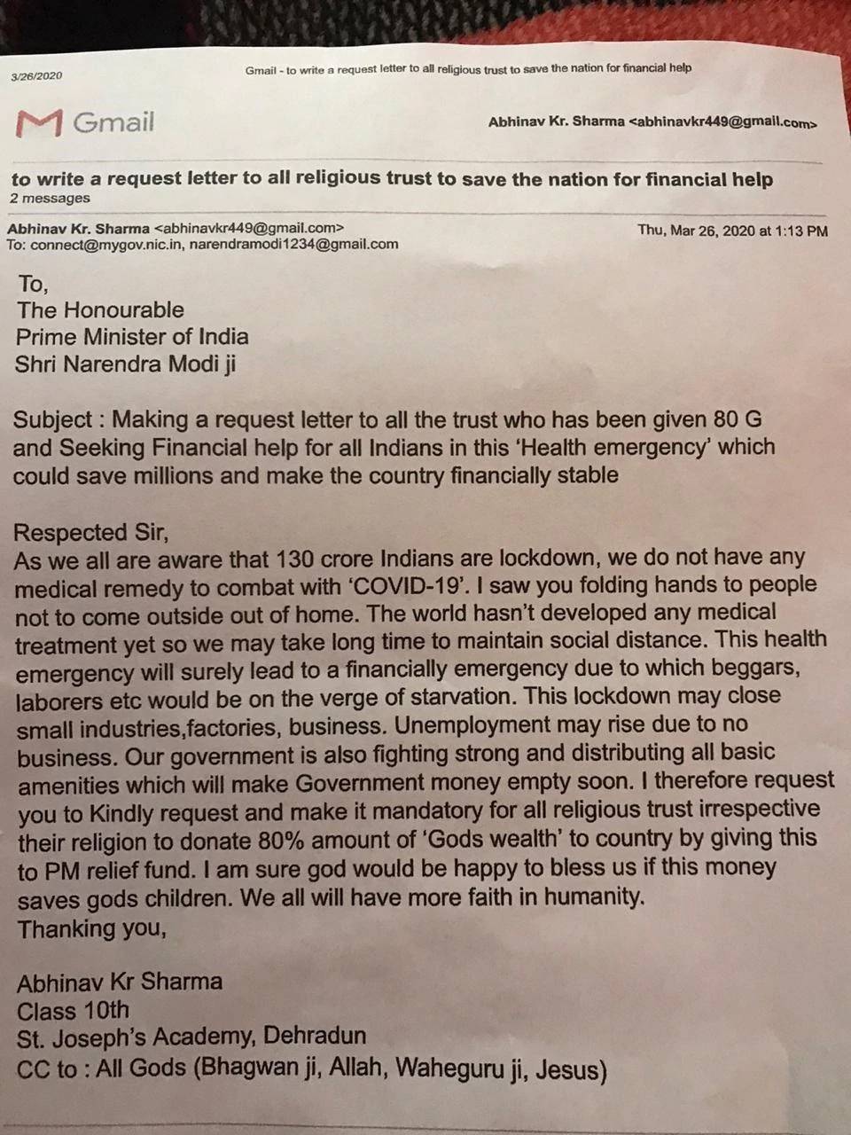 बच्चे ने PM को लिखा- धार्मिक ट्रस्ट अपनी 80% दौलत देश को दान करें