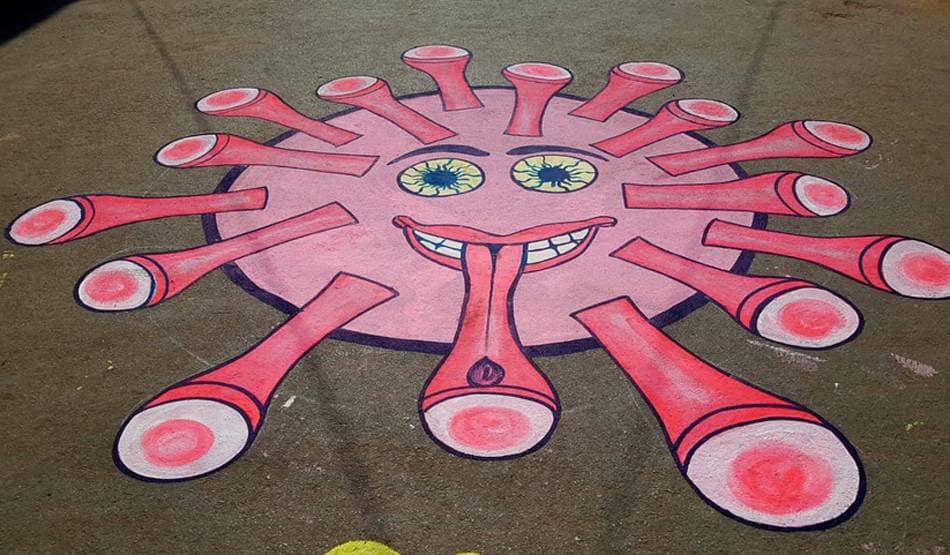 जागरूकता के लिए अनोखी मुहिम, सड़क पर बनाई कोरोना पेंटिंग