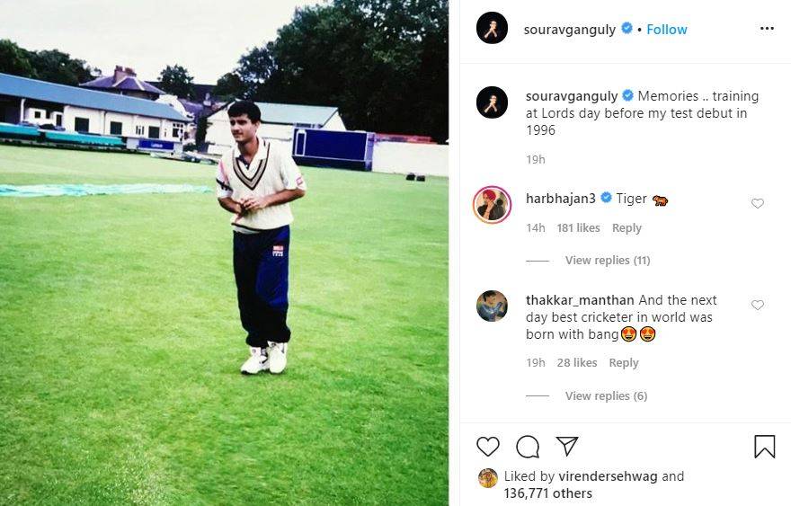 गांगुली ने इंस्टाग्राम पर शेयर किया डेब्यू का फोटो, भज्जी बोले- टाइगर