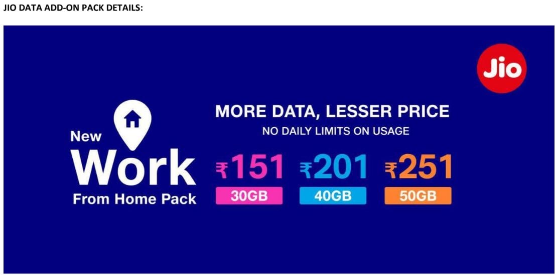 Jio ने पेश किए नए WFH प्लान्स, 151 रुपये में मिलेगा 40GB डेटा