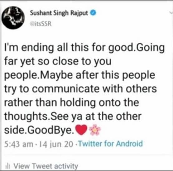 सुसाइड से पहले सुशांत ने किया था ट्वीट- मैं ये सब कुछ खत्म कर रहा हूं...