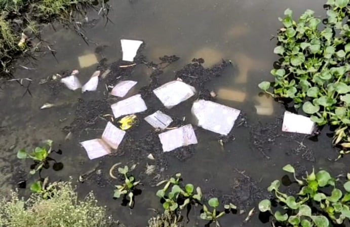 नाले के पानी में बहती दिखी बैंक की सैकड़ों पासबुक, गुस्साए लोग