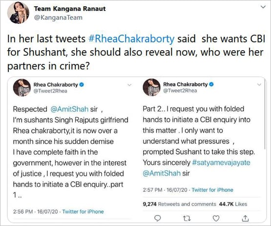 सुशांत केस में कंगना का रिया चक्रवर्ती पर वार, ट्वीट पर पूछे तीखे सवाल