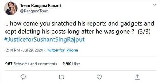 सुशांत केस में कंगना का रिया चक्रवर्ती पर वार, ट्वीट पर पूछे तीखे सवाल