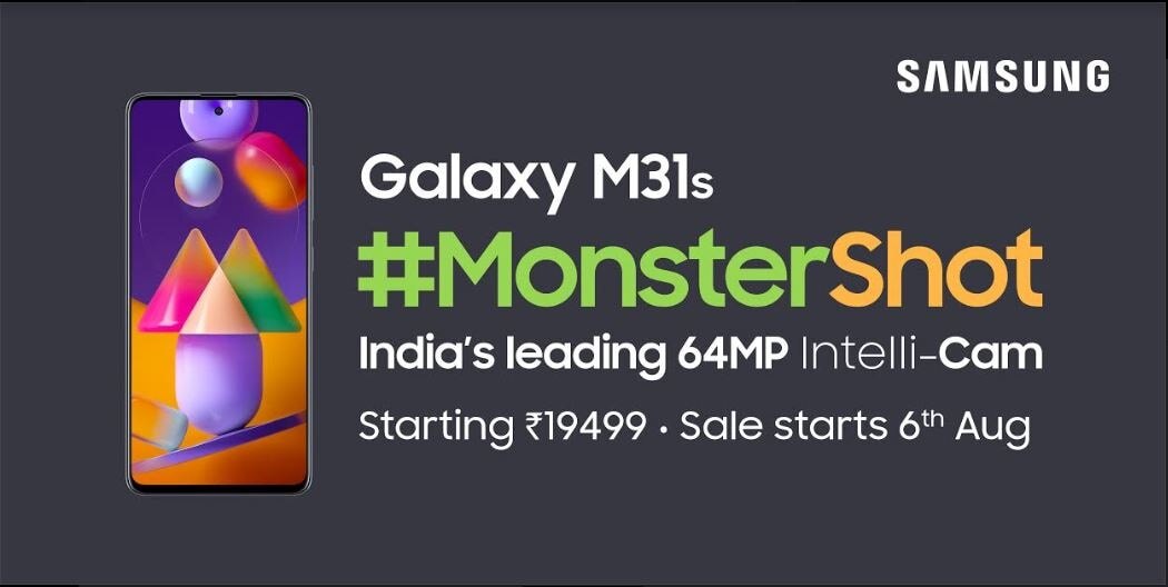 6,000mAh बैटरी-64MP क्वॉड कैमरे के साथ Galaxy M31s भारत में लॉन्च