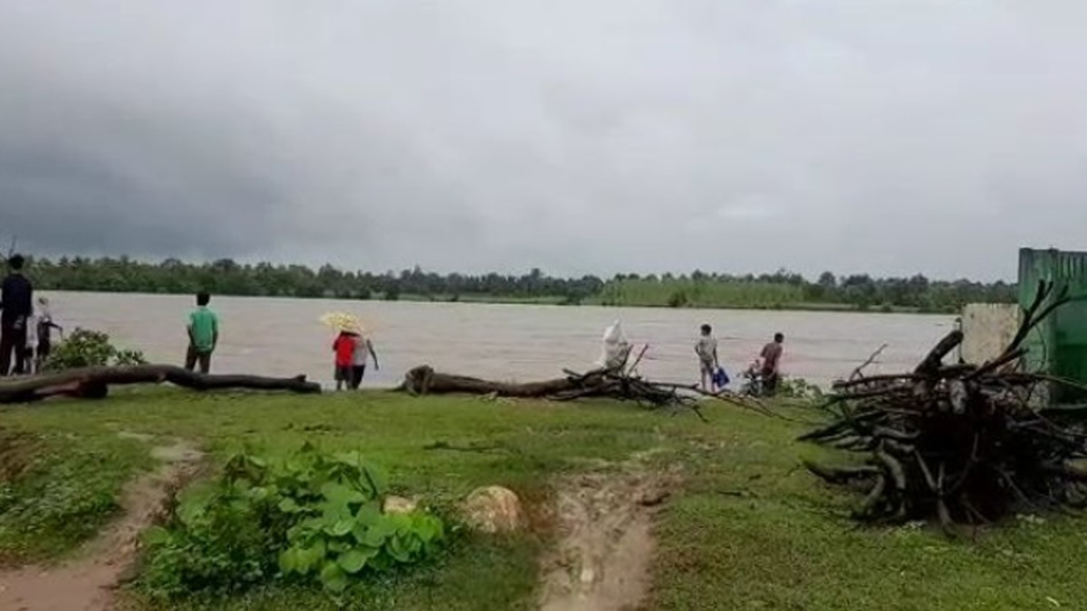 बाढ़ के पानी से निकाल रहे लकड़ियां. बाढ़ के पानी से निकाल रहे लकड़ियां.