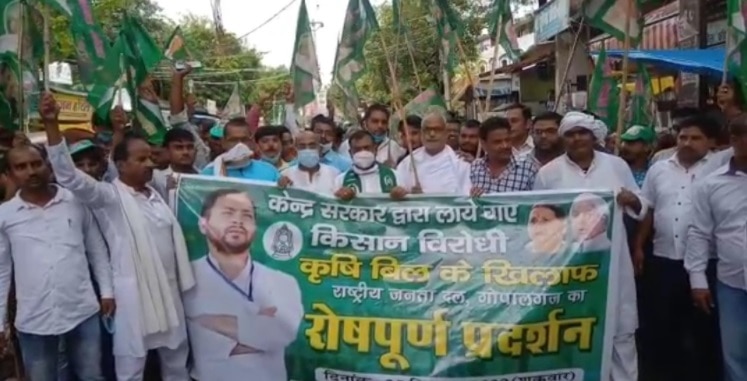 बिहार के गोपालगंज में  कृषि बिल के विरोध में RJD कार्यकर्ताओं ने सोशल डिस्टेंसिंग की धज्जियां उड़ाई.