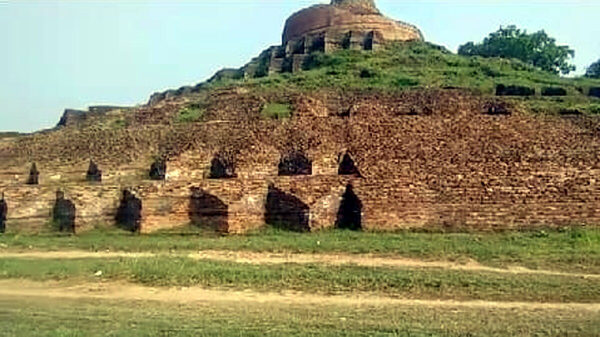 Motihari Kesaria Stupa surrounded by flood water in bad condition