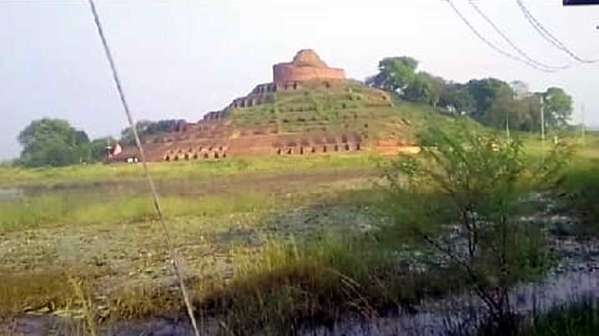 Motihari Kesaria Stupa surrounded by flood water in bad condition
