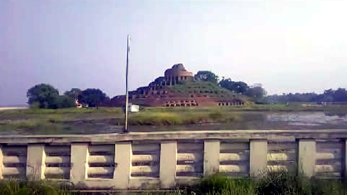 Motihari Kesaria Stupa surrounded by flood water in bad condition