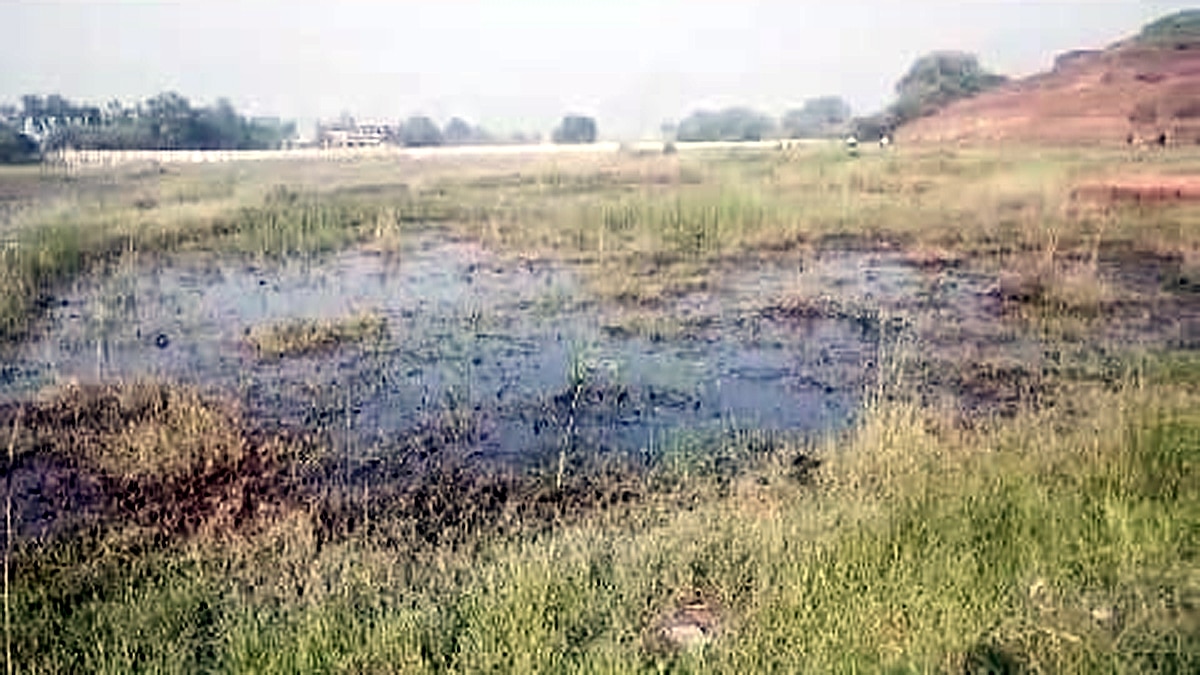 Motihari Kesaria Stupa surrounded by flood water in bad condition