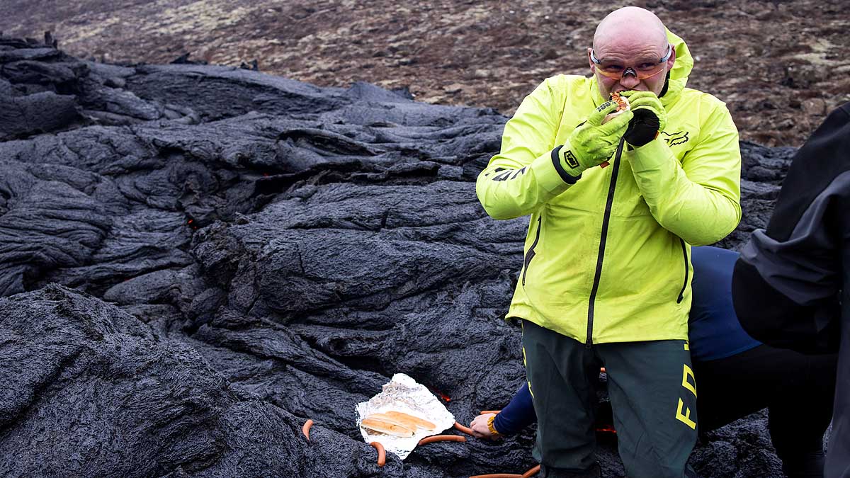 Scientists grilling hot dogs on Hot Lava