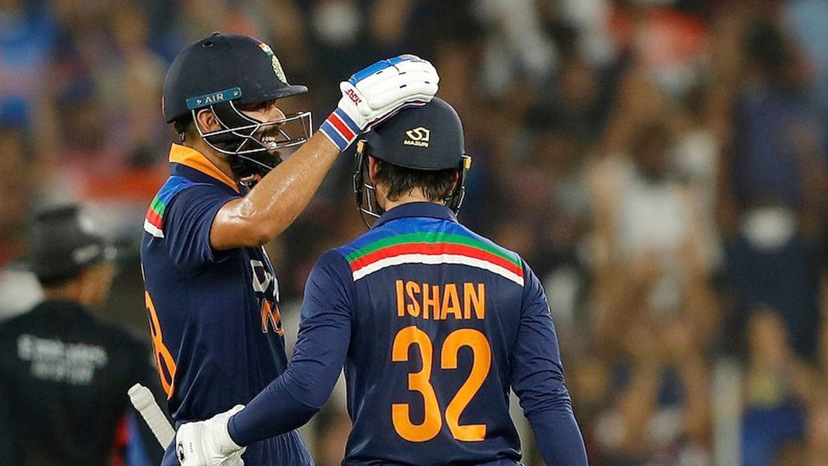 Ishan Kishan reacts after scoring fifty