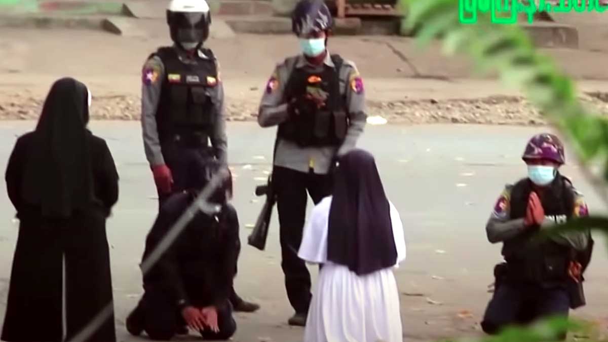 Myanmar Nun Kneels said Spare the kids Kill me