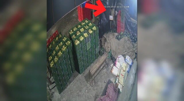 सब्जी मंडी से सेब की पेटी चुराता पुलिसकर्मी 