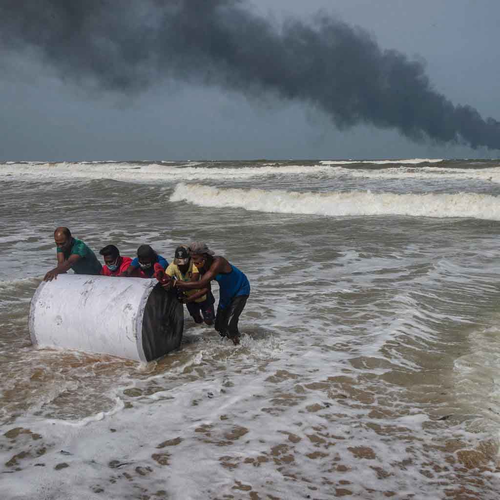 Burning cargo vessel