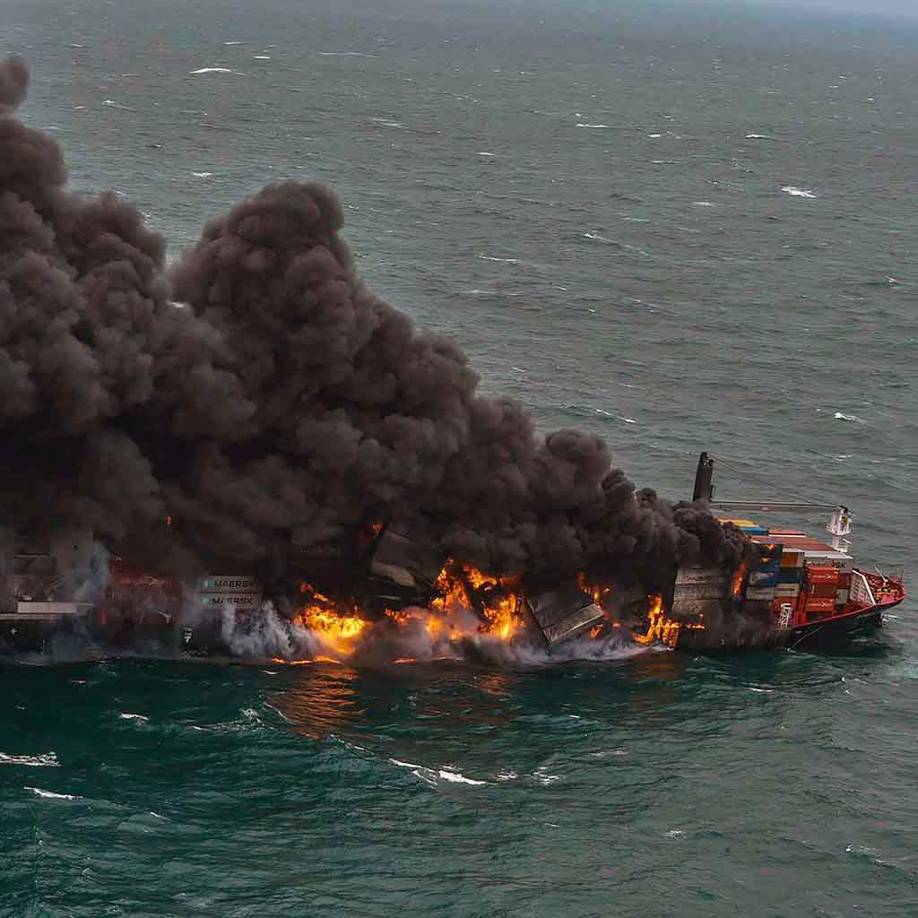 Burning cargo vessel