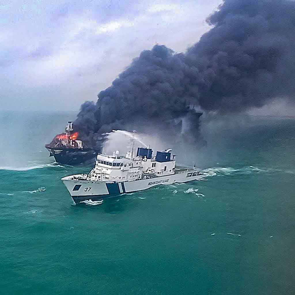 Burning cargo vessel