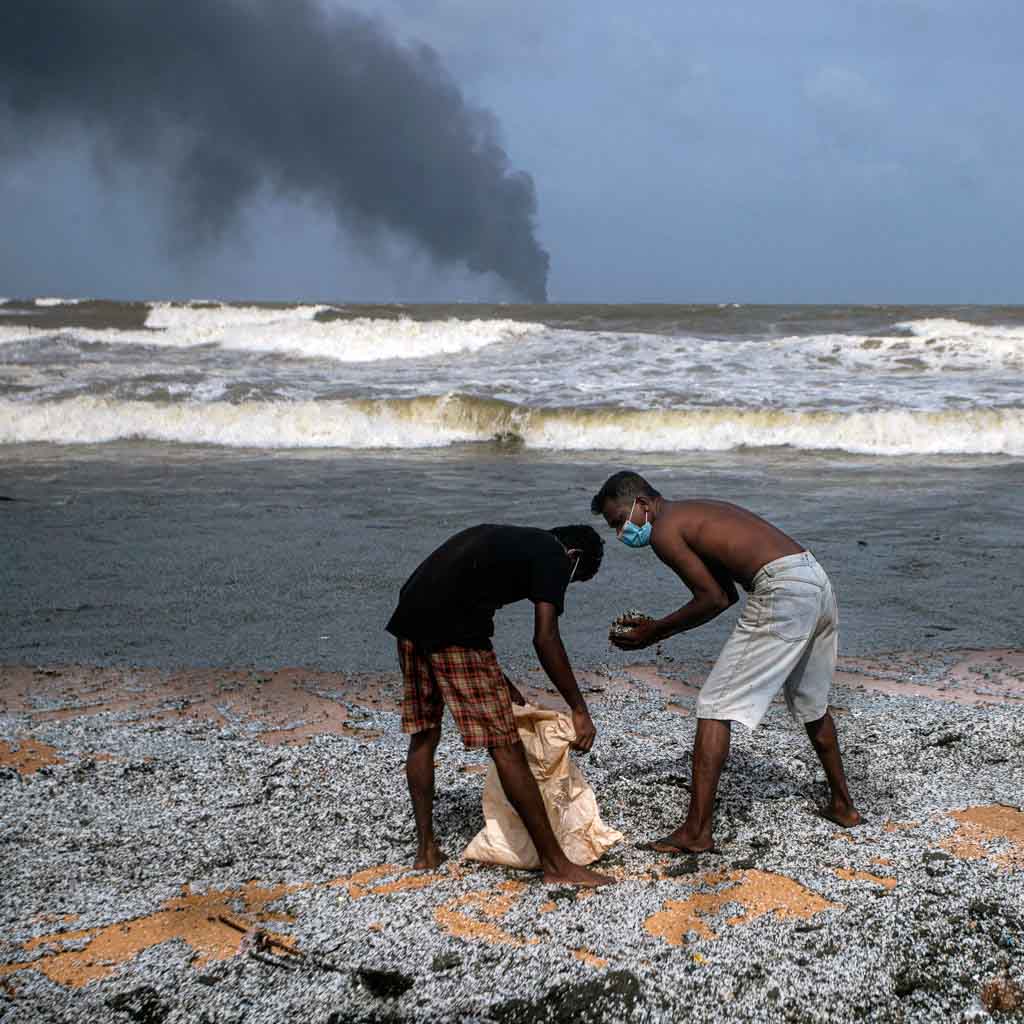 Burning cargo vessel