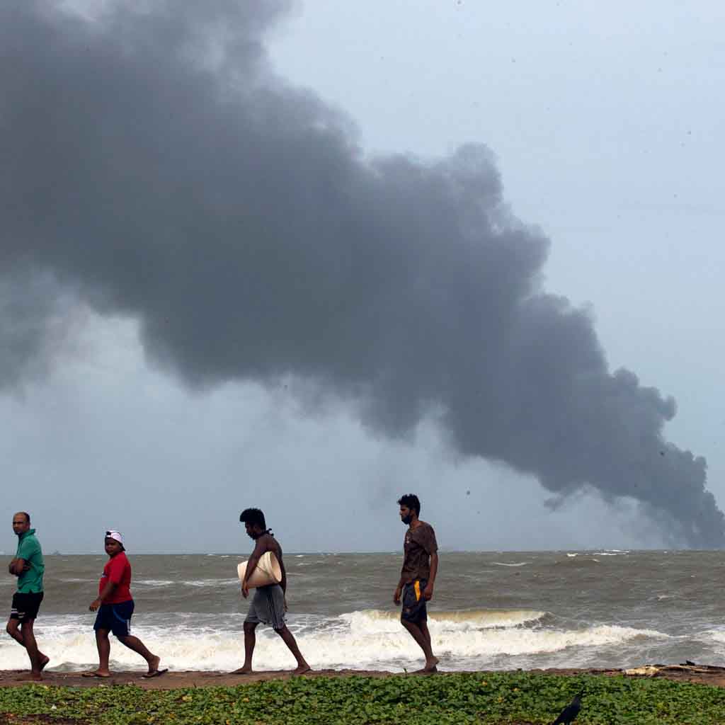 Burning cargo vessel