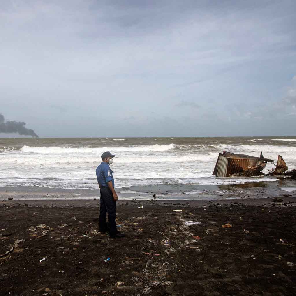 Burning cargo vessel
