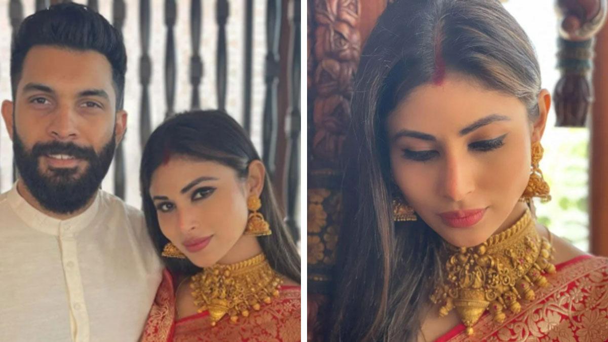 लाल साड़ी-माथे पर सिंदूर, देखें नई नवेली दुल्हन मौनी रॉय की तस्वीर