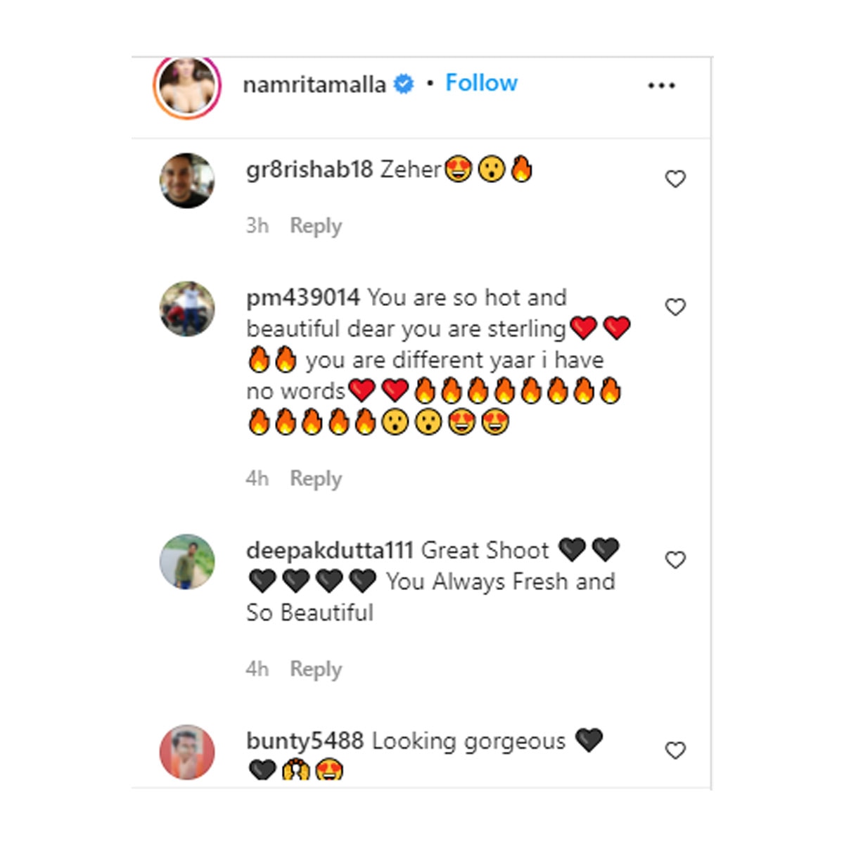 नम्रता मल्ला की फोटोज पर आये कमेंट्स