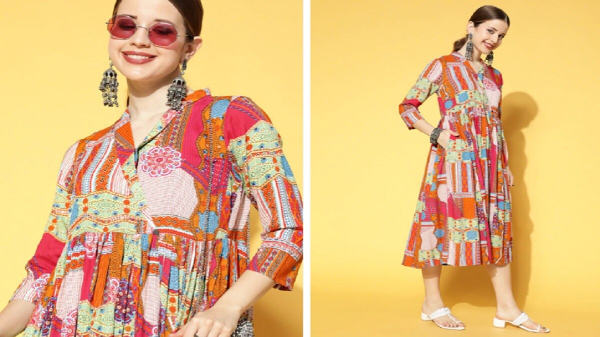 Sangria Orange & Pink Ethnic Motifs Ethnic Midi Dress