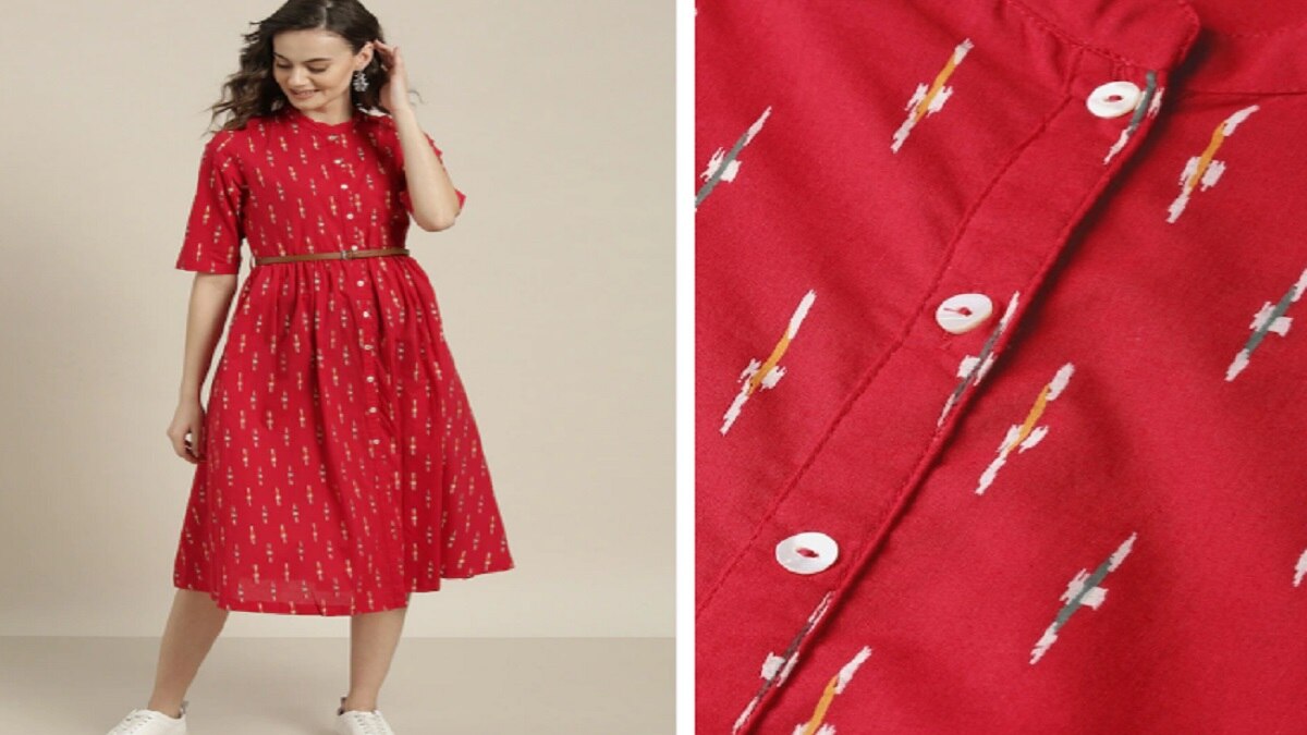 Sangria Red & White Geometric Printed Cotton A-Line Dress