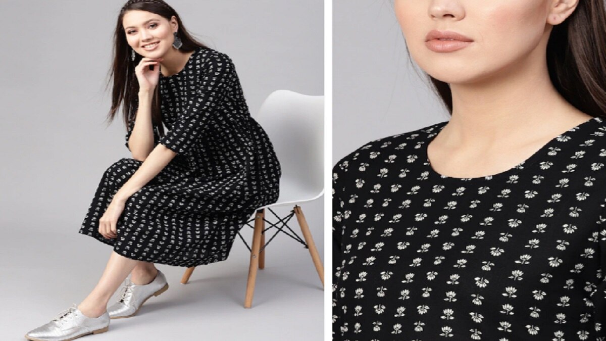 Nayo Black & Off-White Floral Printed A-Line Dress