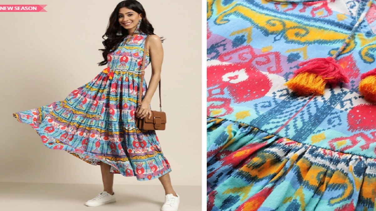 Sangria Multicoloured Pure Cotton Ethnic Motifs Print Tie-Up Neck Tiered Maxi Dress