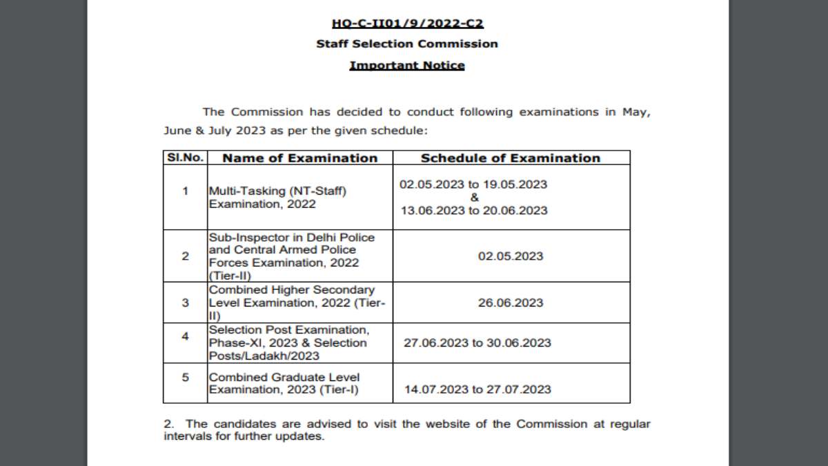 SSC Exam Calendar 2023