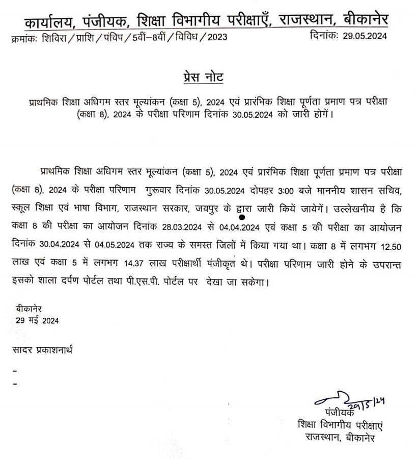 Rajasthan Board 5th 8th result out time