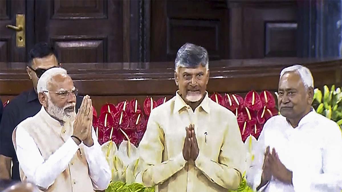 Narendra Modi with TDP chief N. Chandrababu Naidu and Bihar CM and JD(U) leader Nitish Kumar  NDA parliamentary party meeting at Samvidhan Sadan
