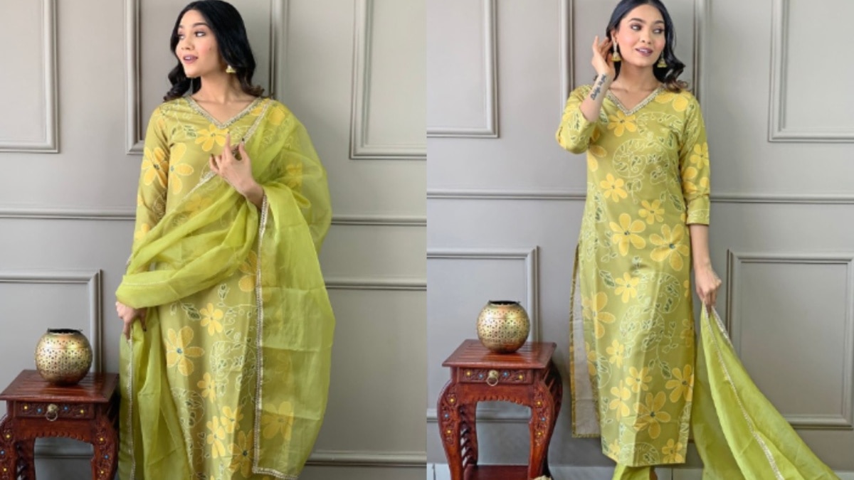 फ्लोरल स्ट्रेट कुर्ता विद ट्राउजर एंड दुपट्टा (Credit: www.myntra.com)