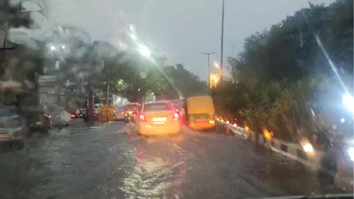 Uprooted tree blocks road after heavy rain and storm in Delhi NCR, causing traffic jam and property damage