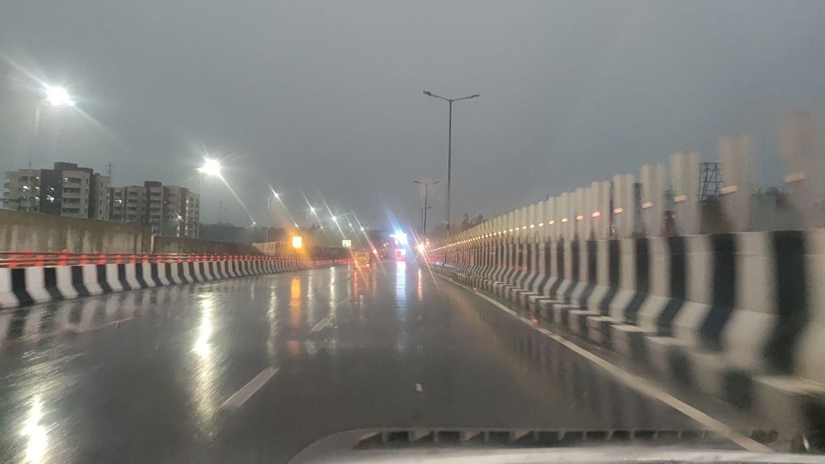 Uprooted tree blocks road after heavy rain and storm in Delhi NCR, causing traffic jam and property damage